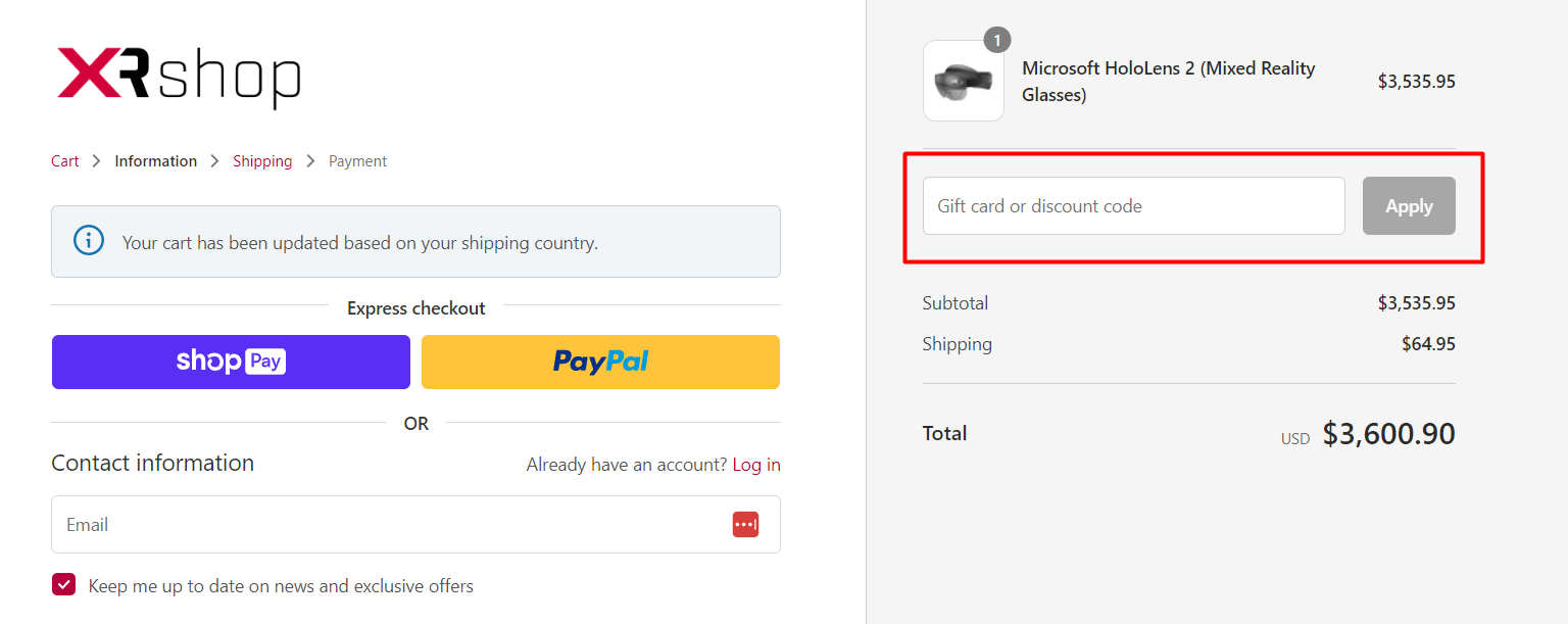 How do I use my XRshop discount code?