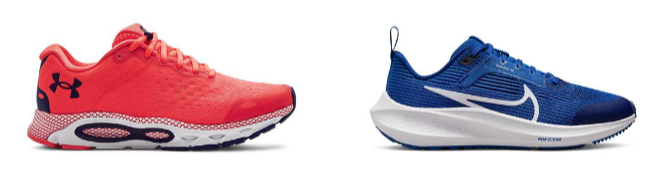 Zwei moderne Laufschuhe in verschiedenen Farbrichtungen auf weißen Grund