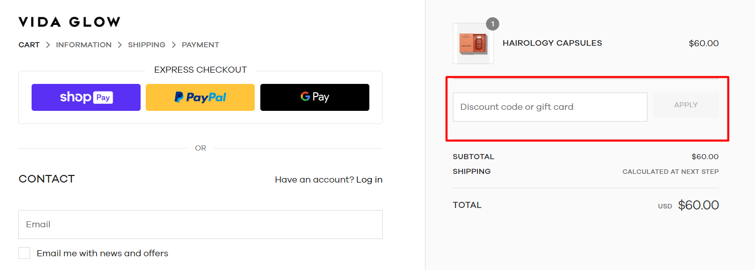 How do I use my Vida Glow disocunt code?