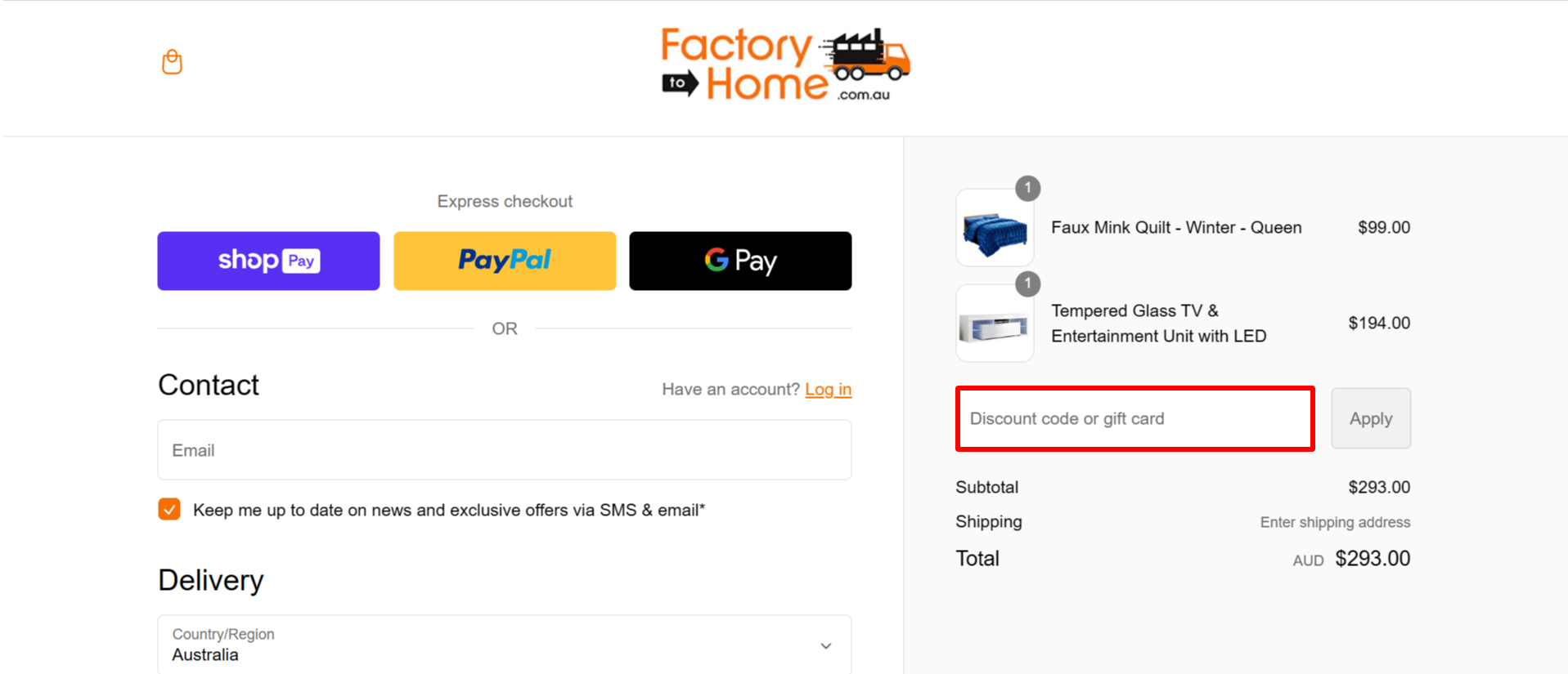 The brand checkout page with where to add the Factory to Home discount code highlighted with a red box