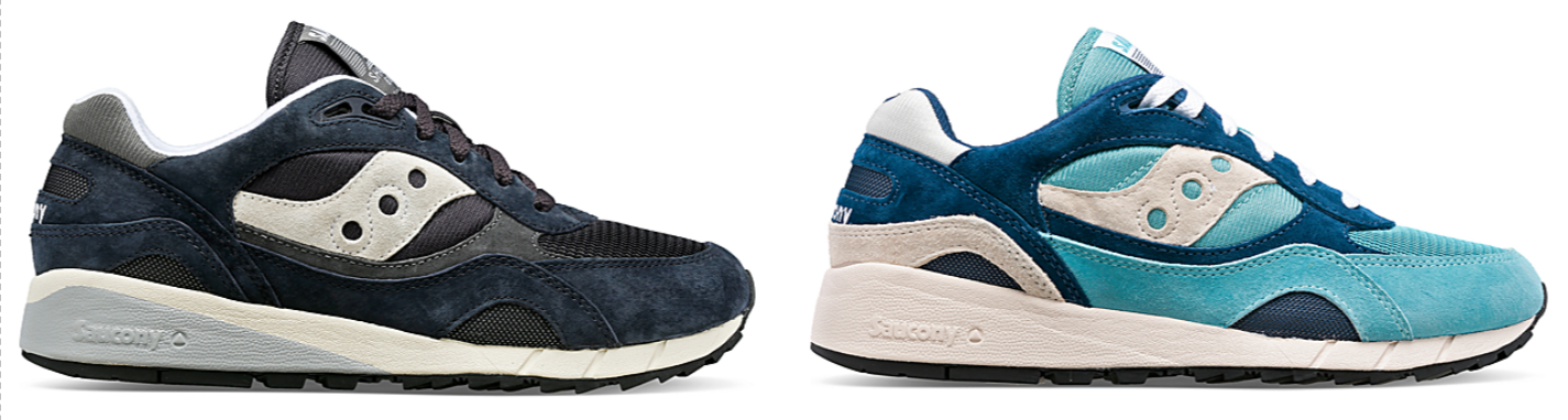 Zwei Sneaker der Shadow 6000 Serie von Saucony, in jeweils dunklem und bläulichm Design
