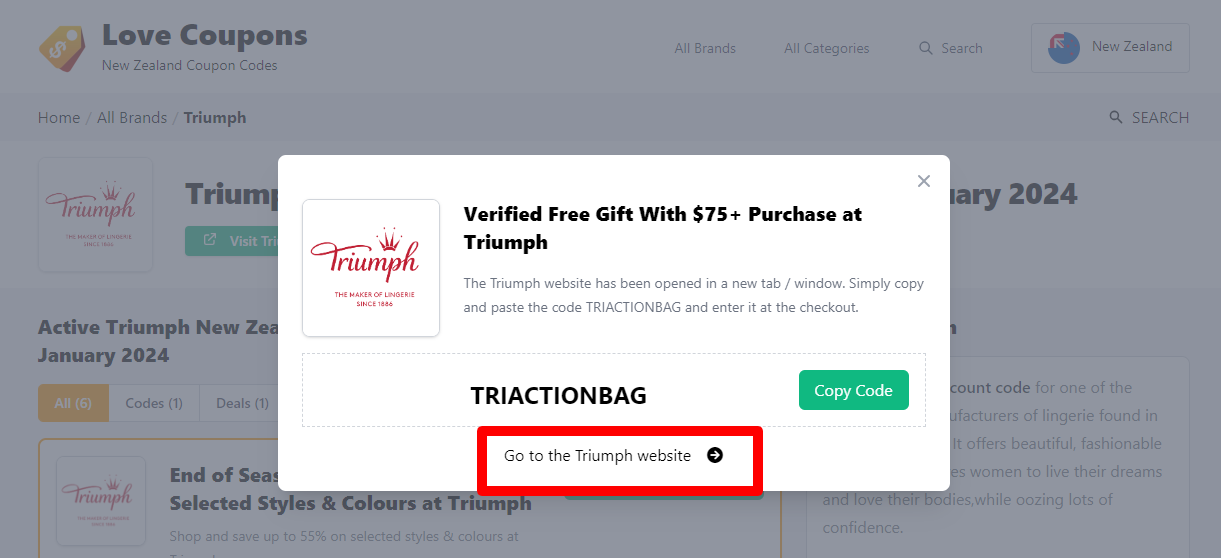 Box displayed on a darkened background of a Triumph coupon code with the terms and conditions showing