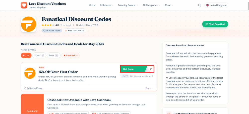 The page where you get a Fanatical coupon code