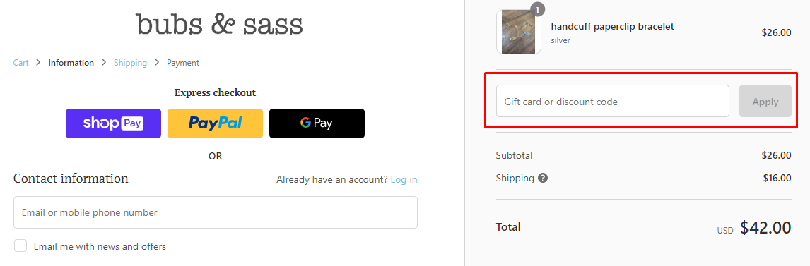 How do I use my bubs & sass discount code?