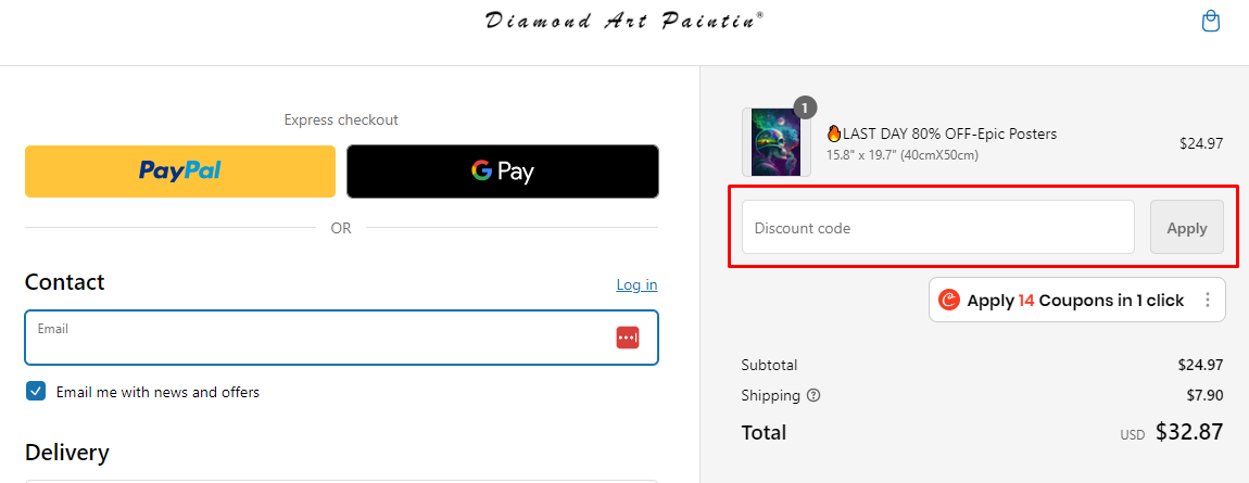 How do I use my Diamond Art Paintin discount code?