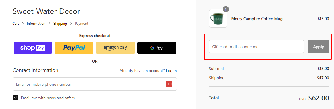 How do I use my Sweet Water Decor discount code?