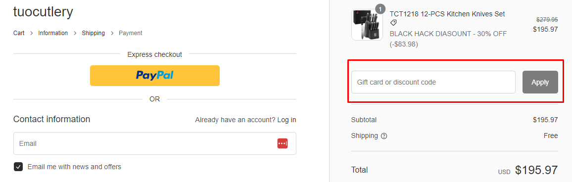 How do I use my TUO Cutlery discount code?