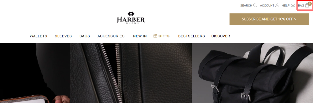 The Harber London homepage and shopping categories.