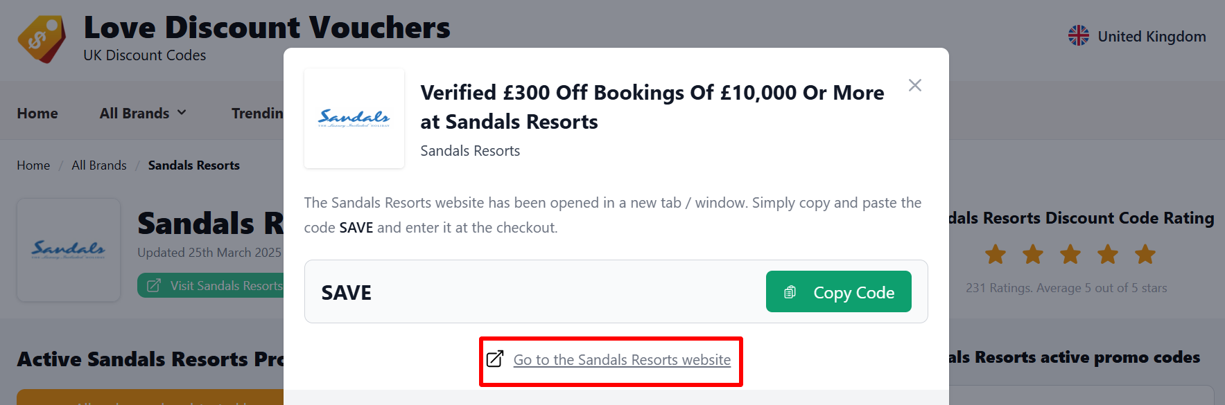 The highlighted red box shows the link that takes you to the Sandals Resorts website