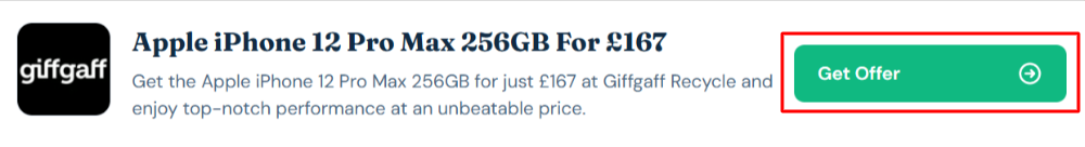 A Giffgaff Recycle offer with "Get Offer" in a red box