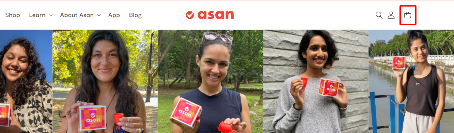 The Asan shopping page and the basket icon at the top right-hand corner