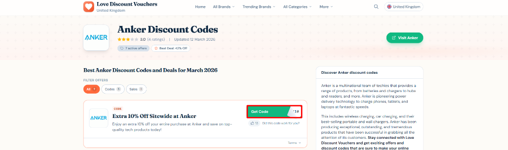 An Anker code on Love Discount Vouchers highlighted with a red box