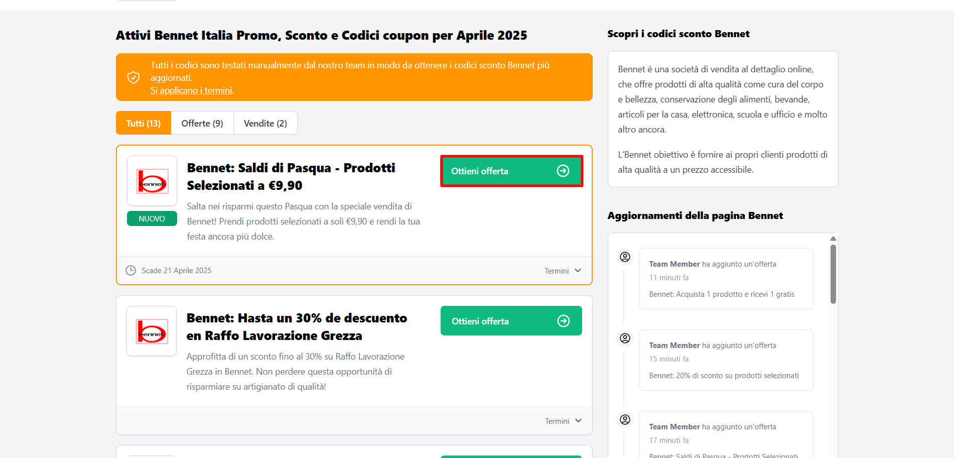 buono sconto Bennet da poter utilizzare per abbassare il prezzo nel carrello del sito ufficiale Bennet