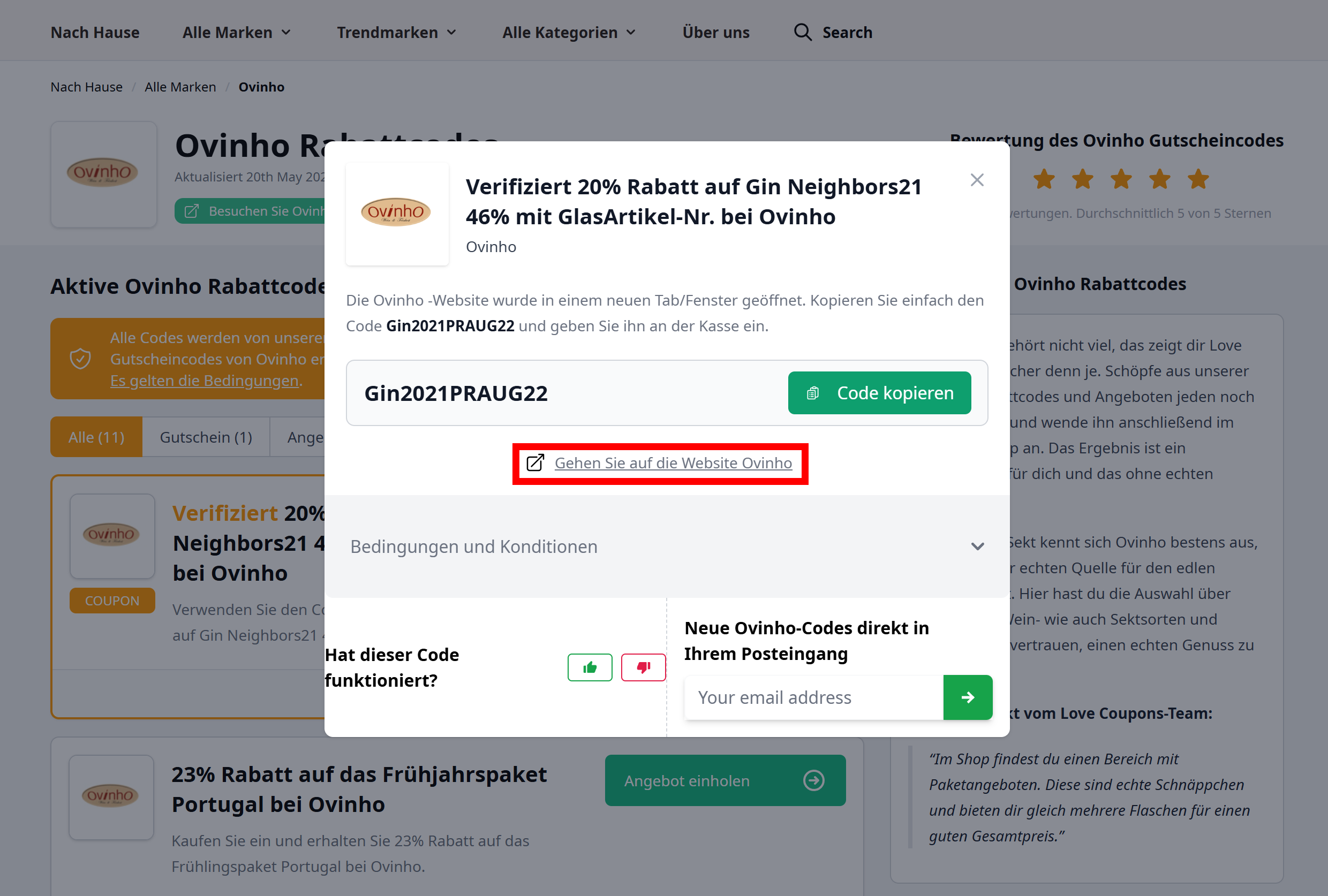 Ein offener Rabattcode von Ovinho mit einem rotmarkiertem Link