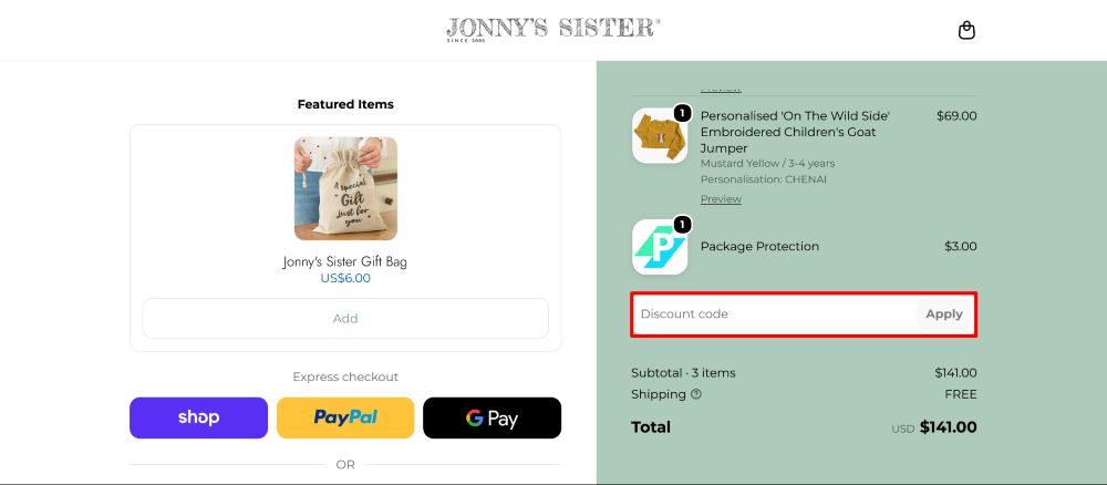 The checkout page for Jonny's Sister, where you paste the code