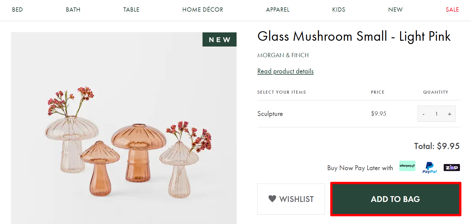 A Bed Bath N' Table product page with the “Add To Bag” button highlighted with a red box