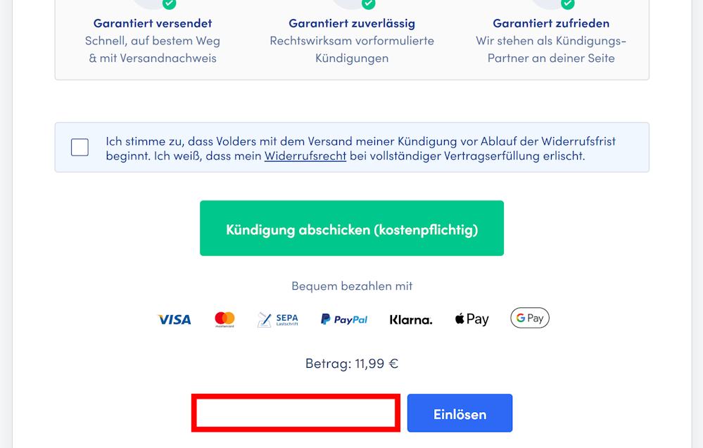 Checkout von Volders mit einem rotmarkierten Eingabefeld für den Gutscheincode