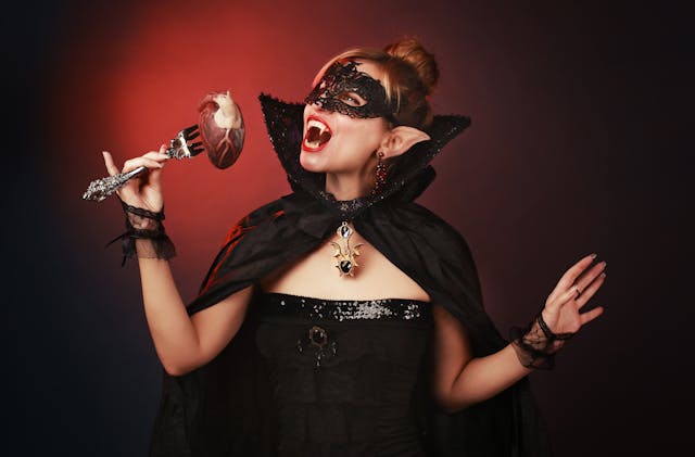 Halloween party theme ideas: A woman dressed as a vampire with a mask on