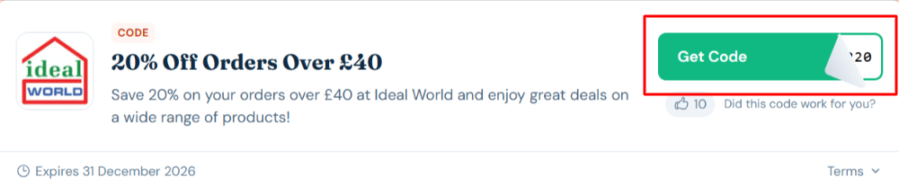 A Ideal World discount code with "Get Code" in a red box