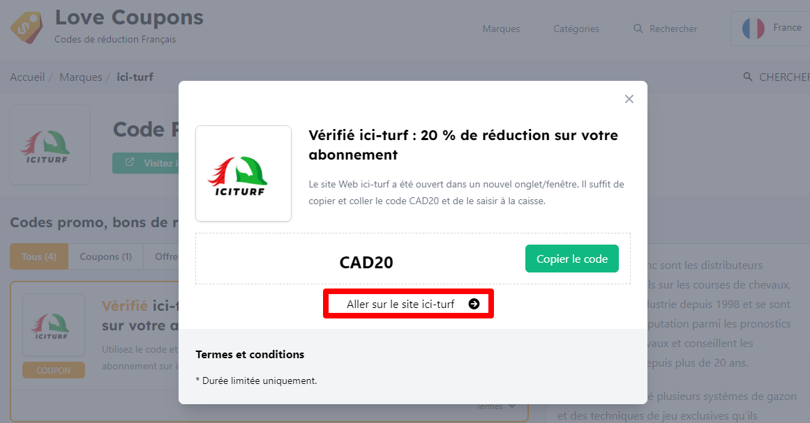 Une boîte affichée sur un fond sombre d'un code promo ici-turf avec les termes et conditions affichés.