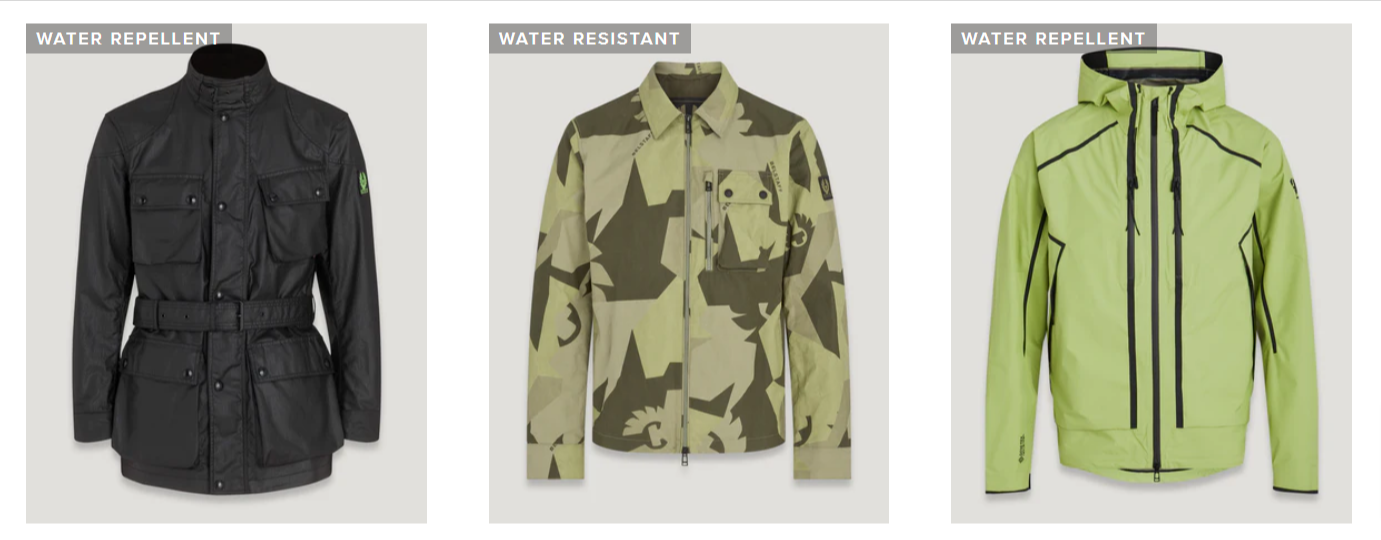 tres tipos de chaquetas Belstaff de diferentes estilos sobre un fondo blanco