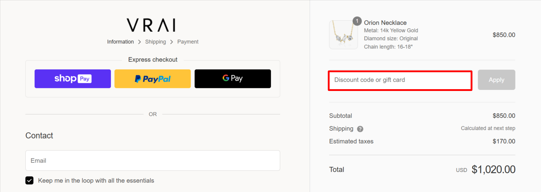 The checkout page that is showing a highlighted red box where to add a VRAI discount code.