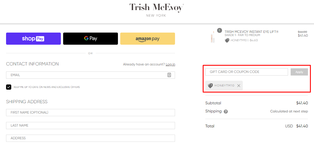 How do I use my Trish McEvoy coupon code?