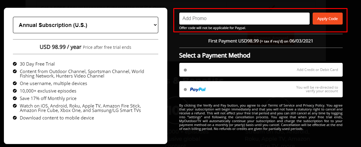 How do I use my MyOutdoorTV promo code?