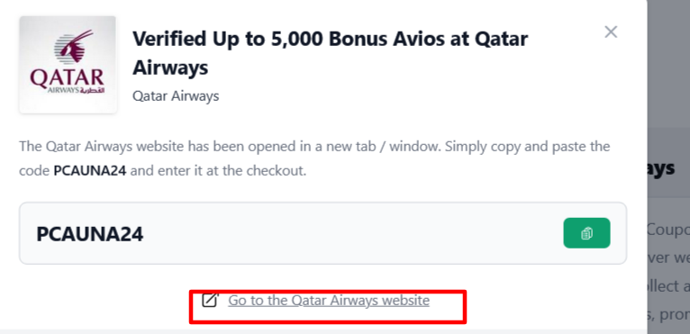 Box displayed on a darkened background of a Qatar Airways promo code with the terms and conditions showing