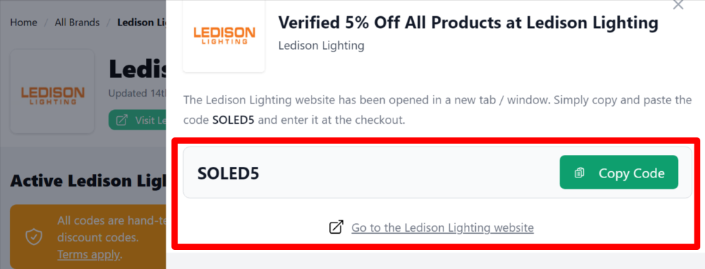 a highlighted link that customers can click after copying their Ledison Lighting discount code