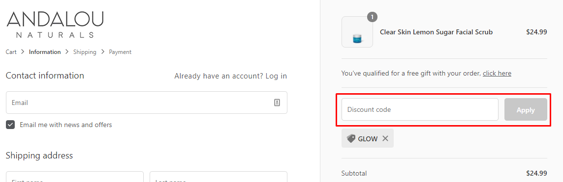 How do I use my ANDALOU NATURALS discount code?