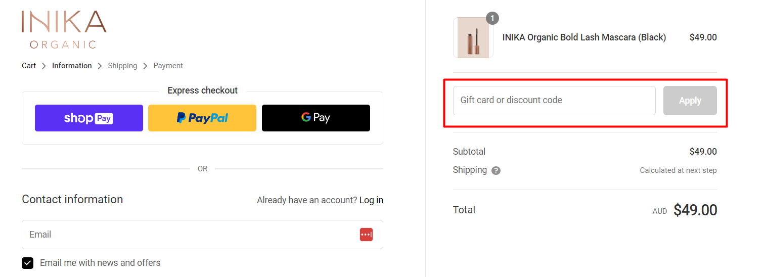 How do I use my INIKA Organic discount code?