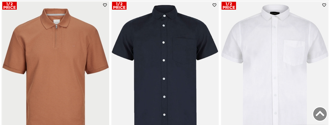 A collage showing a navy blue shirt, a sunburn half zip t-shirt and a white formal shirt