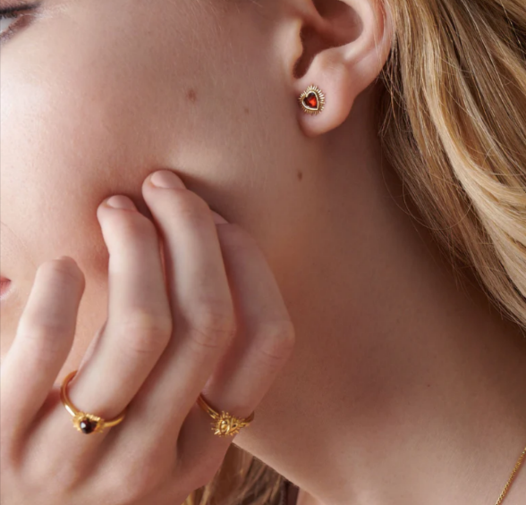 Gold Electric Love Garnet Heart Stud Earrings and rings from Rachel Jackson