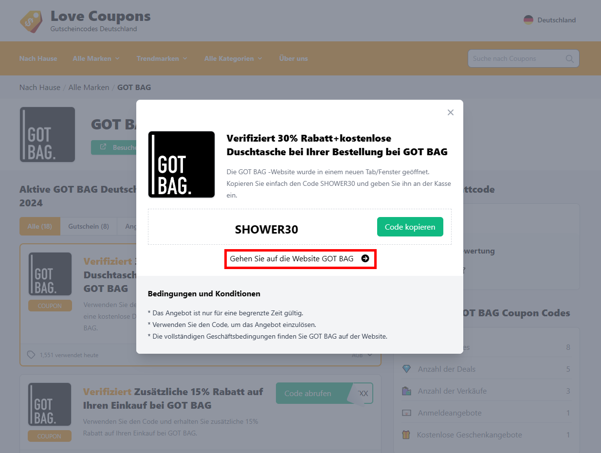 Die Lovecoupons Seite mit einem offenen GOT BAG Rabattcode und rotmarkiertem Link