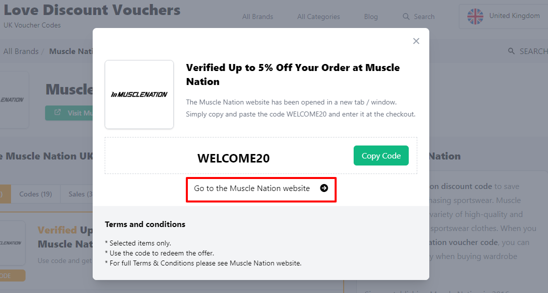 A box displayed on a white background of a Muscle Nation discount code with ‘Go to the Muscle Nation website’ message