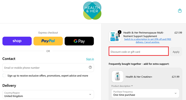 image showing the Health and Her checkout page