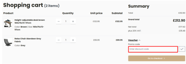 Checkout page to enter DeubaXXL promo code