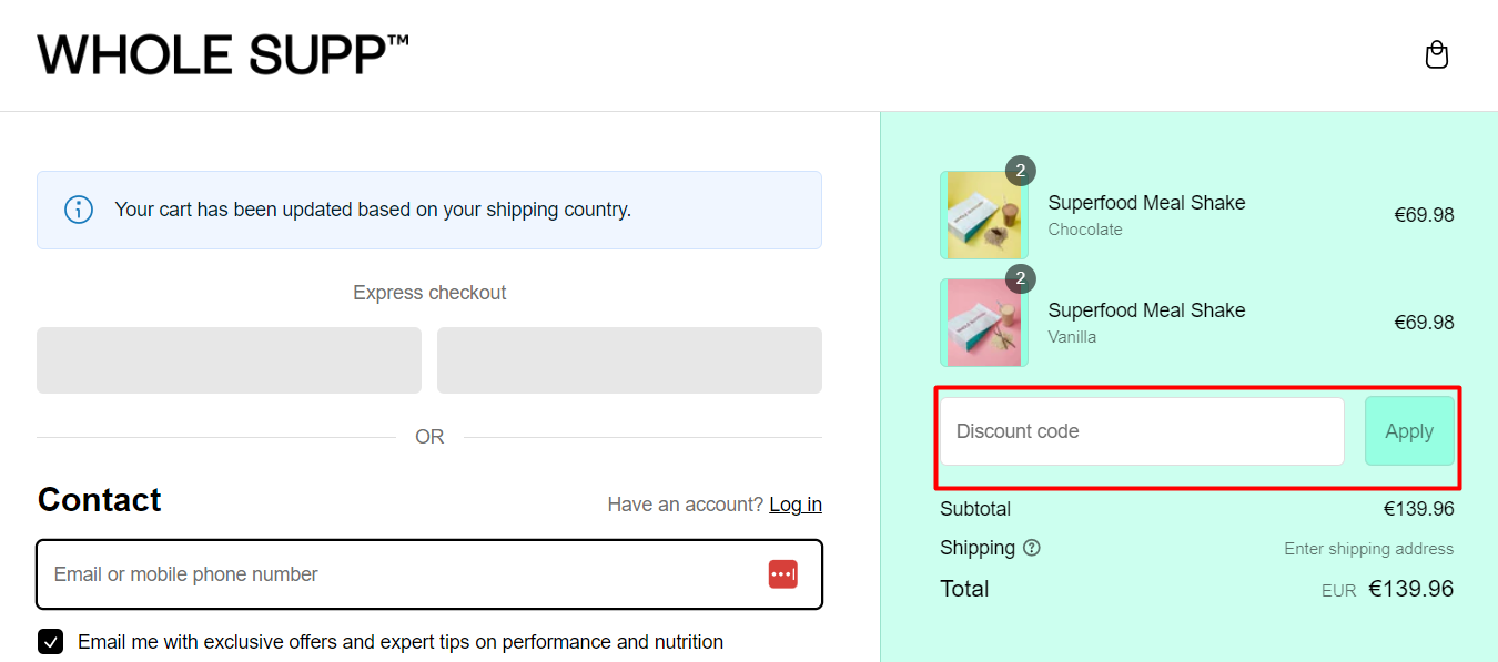 How do I use my Whole Supp discount code?