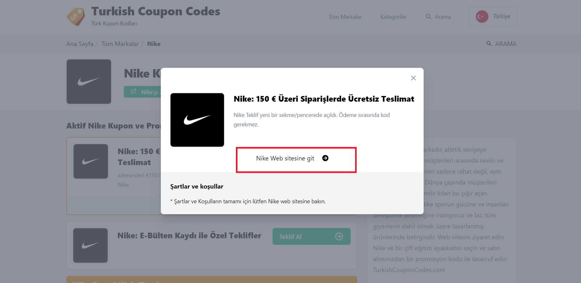 Arka planda Türk markalarına ait kupon kodlarının olduğu indirim kodu sayfasında Nike indirim tekfline giden bağlantı
