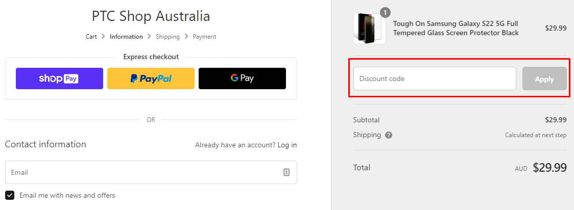 How do I use my PTC Shop discount code?