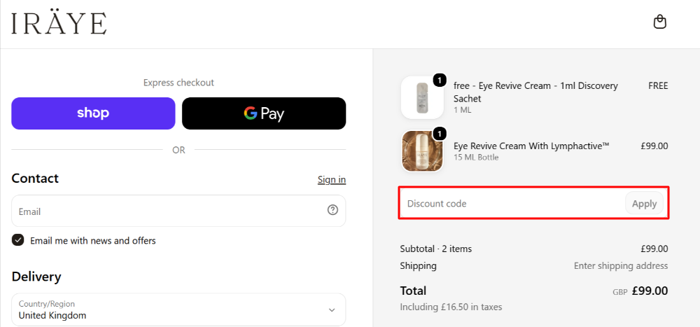 The IRÄYE checkout page with where to paste the IRÄYE voucher code in a red box