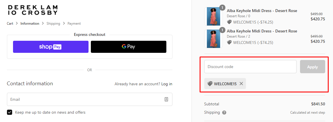 How do I use my Derek Lam discount code?
