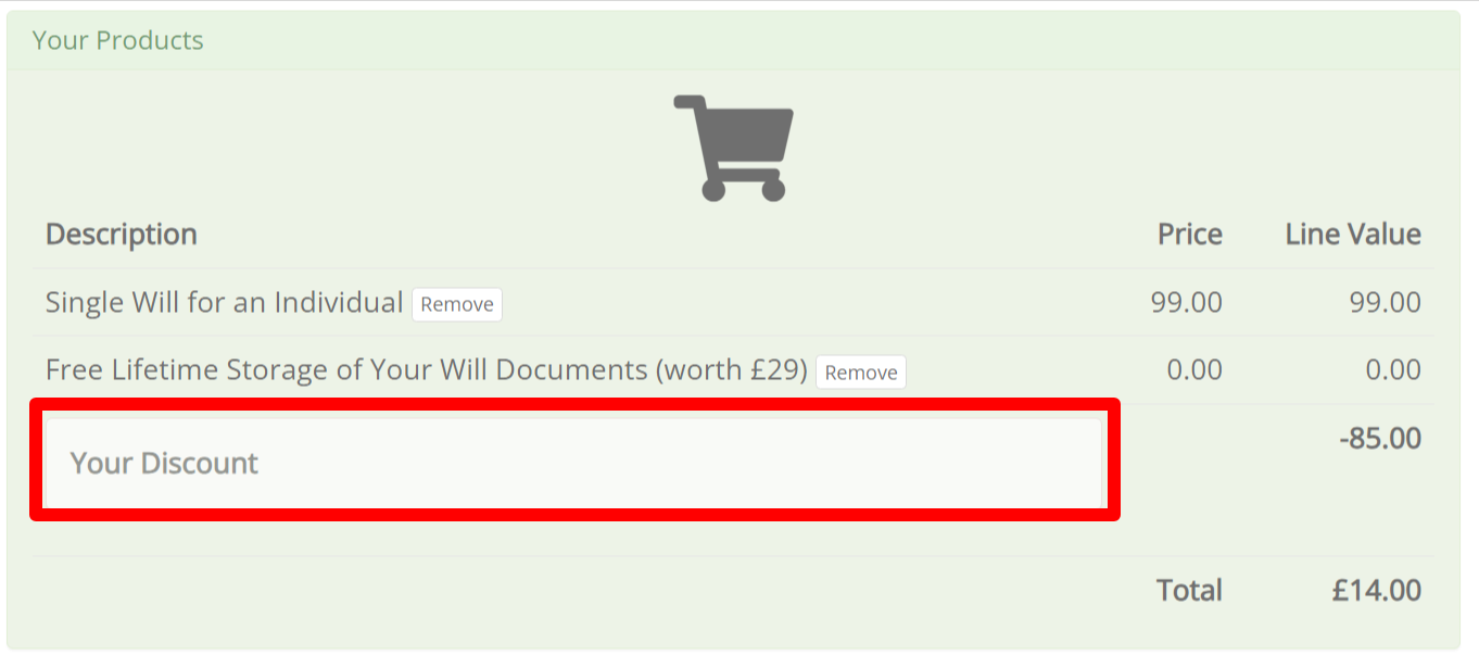 A box where you can add your ActiveWills discount codes to redeem it