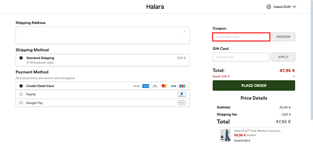 Halara discount code place located in the right-hand corner
