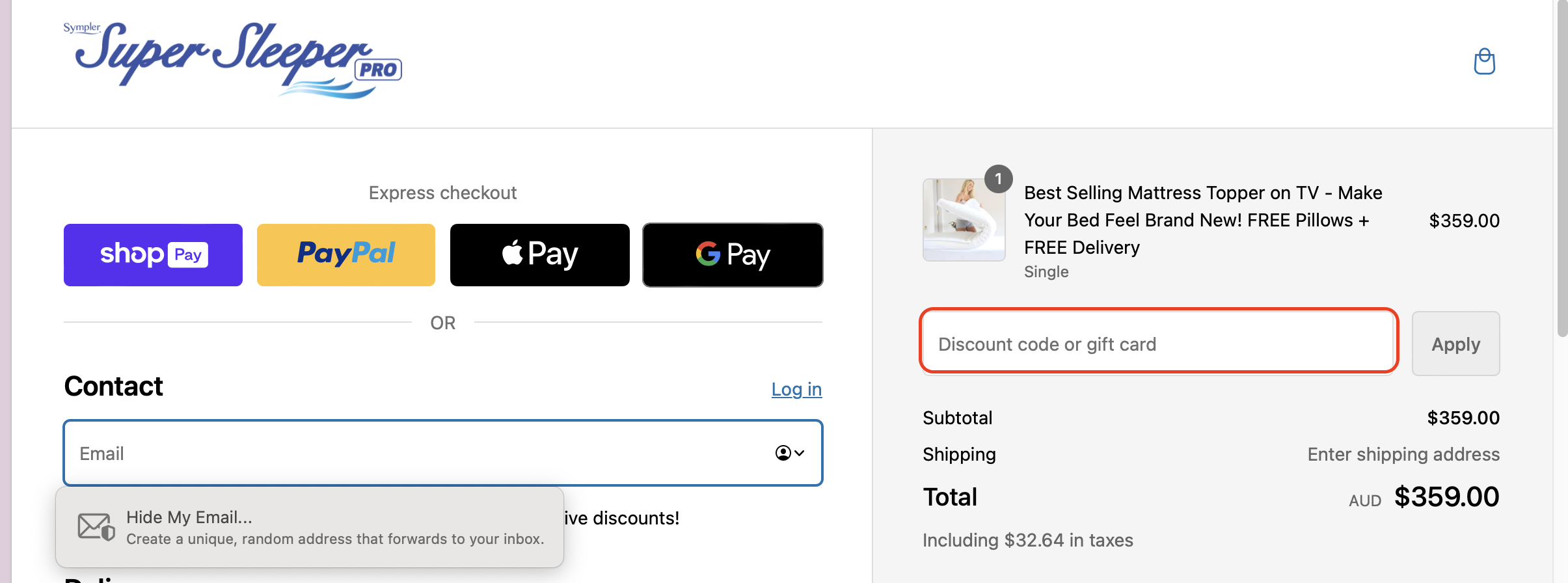 The highlighted red box at the brand checkout page is showing where to add the Super Sleeper coupon code.