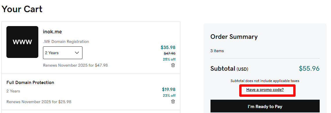 GoDaddy promo code box marked in red where customers put their code for it to be redeemed