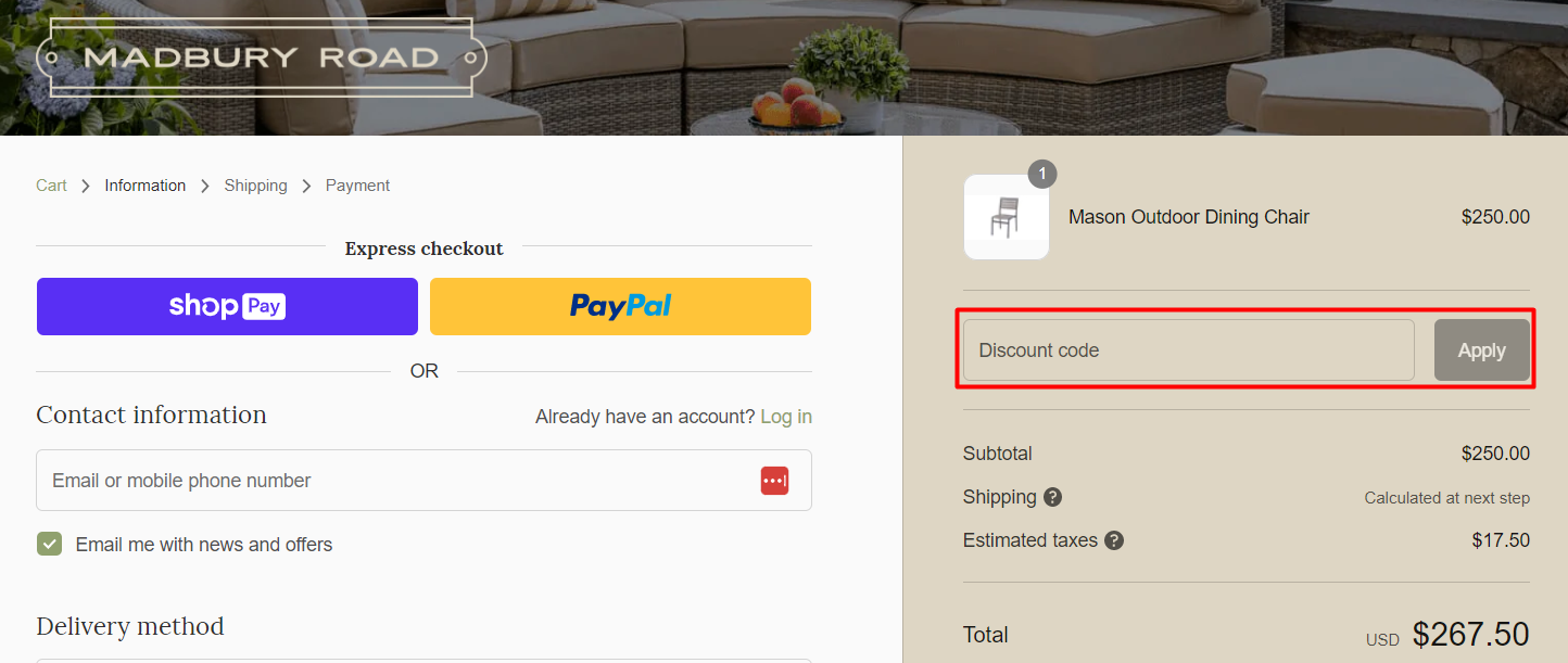 How do I use my Madbury Road discount code?