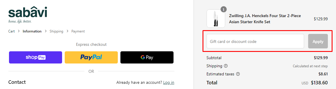 How do I use my Sabavi Home discount code?