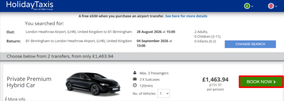 An airport private transfer on the Holiday Taxis website